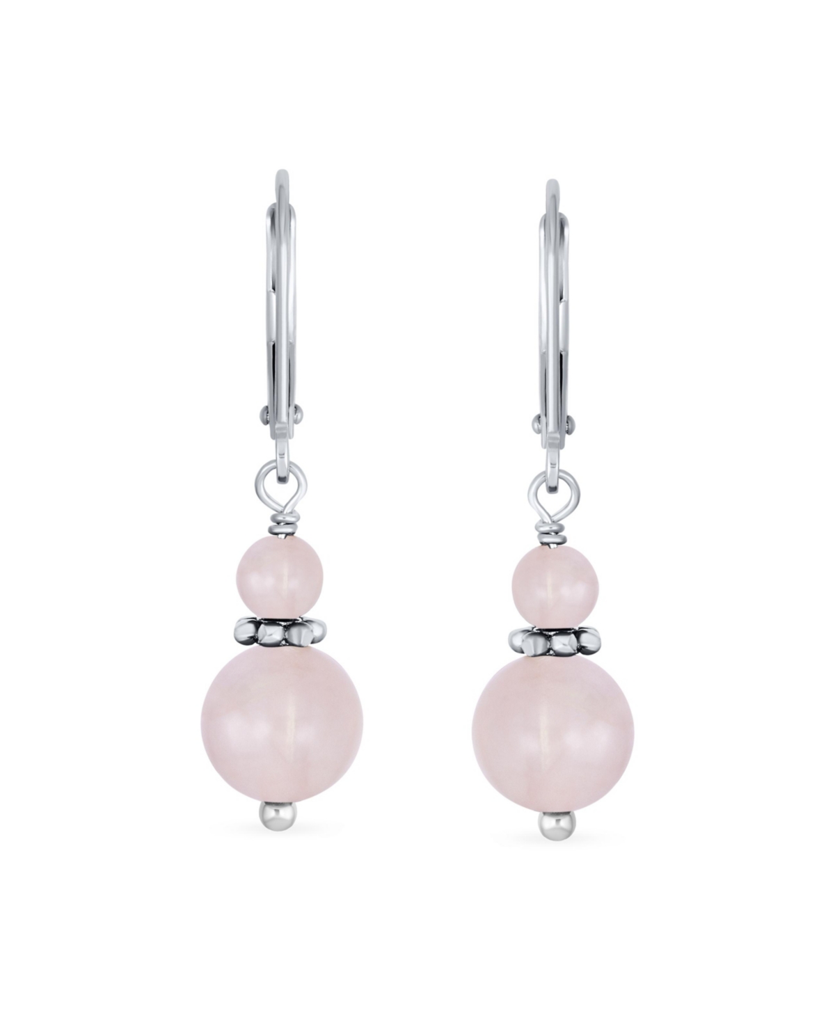 Bling Jewelry PinkBali Beaded Rondel Separator Double Ball Round Drop Dangle Earrings Sterling Silver Lever back - Rose quartz