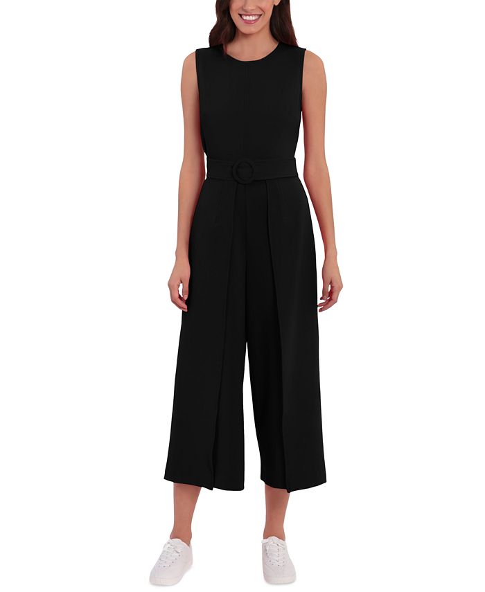 London Times Petite Belted Cropped Wide-Leg Jumpsuit - Macy's
