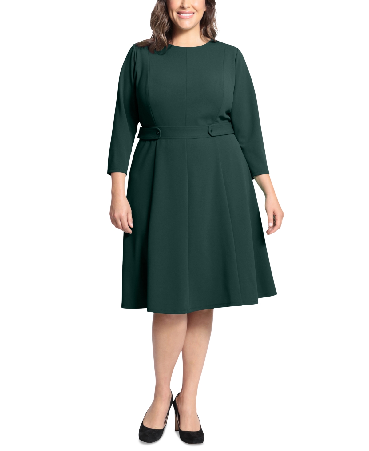 London Times Plus Size 3/4-Sleeve Tab-Waist Fit & Flare Dress