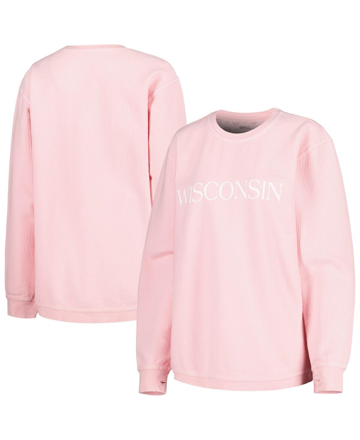 Shop Pressbox Women's  Pink Wisconsin Badgers Comfy Cord Bar Print Pullover Sweatshirt