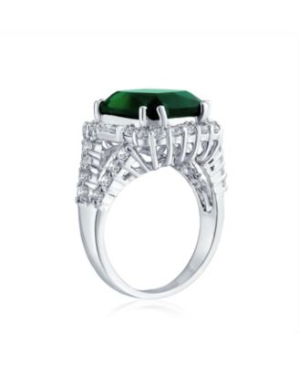 7CT Cubic Zirconia CZ Pave Rectangle Green Emerald Cut Statement Fashion Ring Rhodium Plated Brass