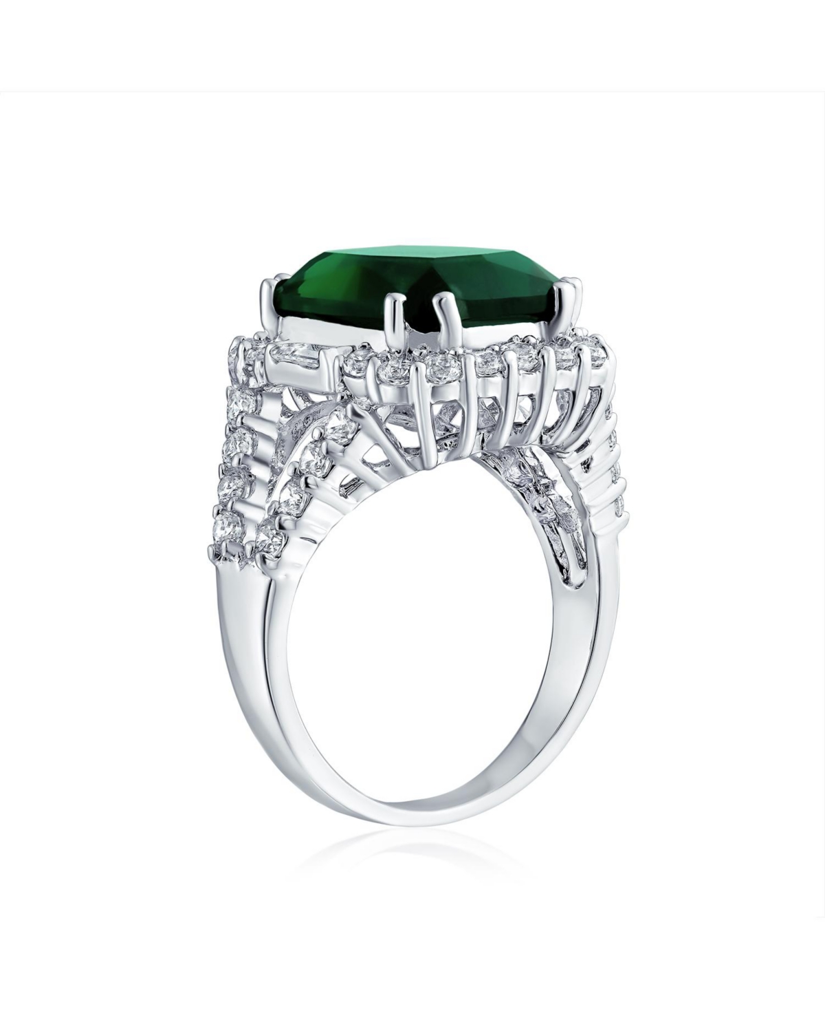 Bling Jewelry 7CT Cubic Zirconia Cz Pave Rectangle Green Emerald Cut Statement Fashion Ring For Women Rhodium Plated Brass