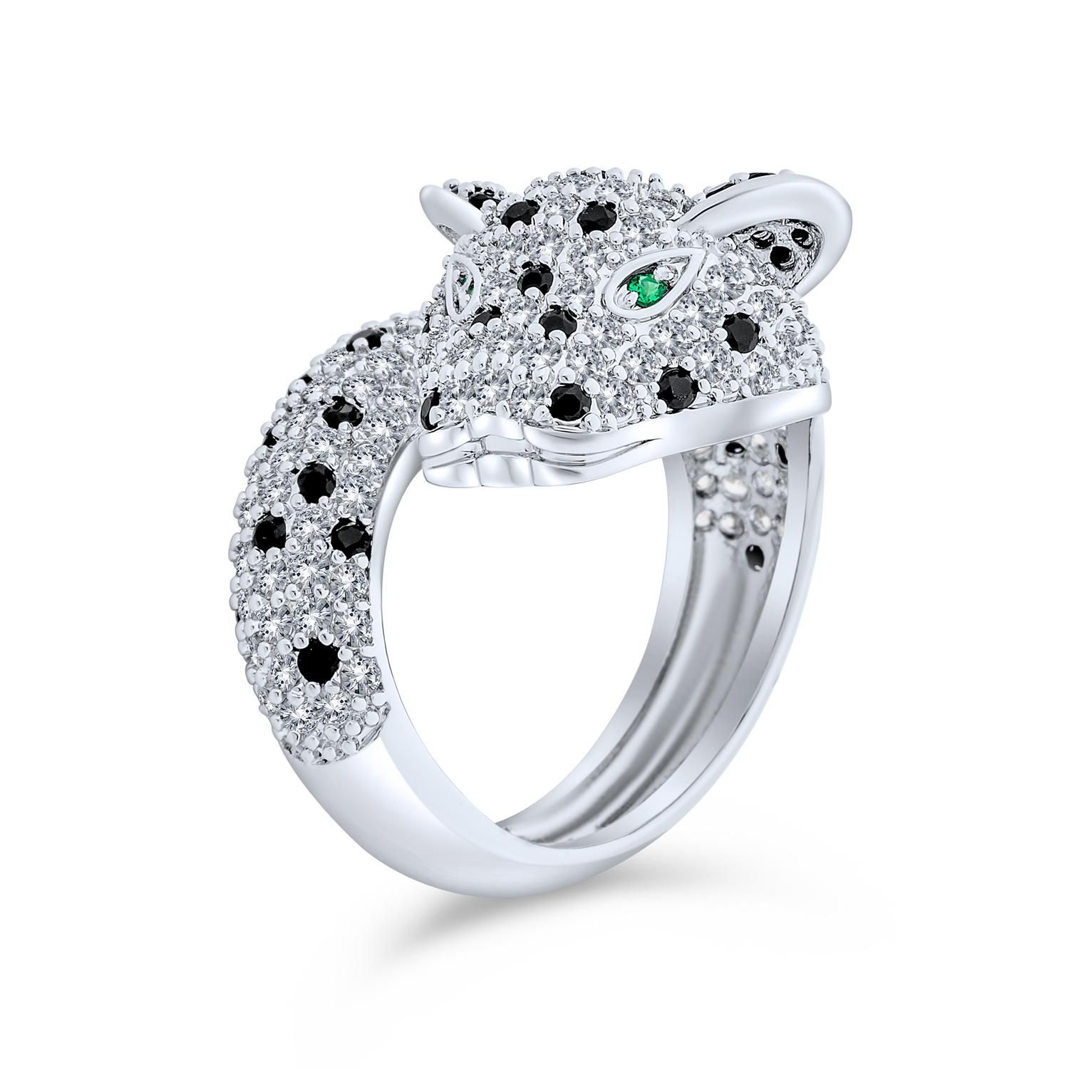 Animal Black White CZ Leopard Panther Cocktail Statement Ring Silver Plated