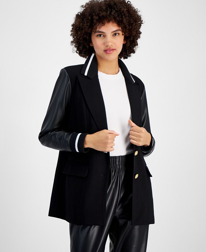 Avec Les Filles Women s Mixed Media Oversized Varsity Blazer Macy s