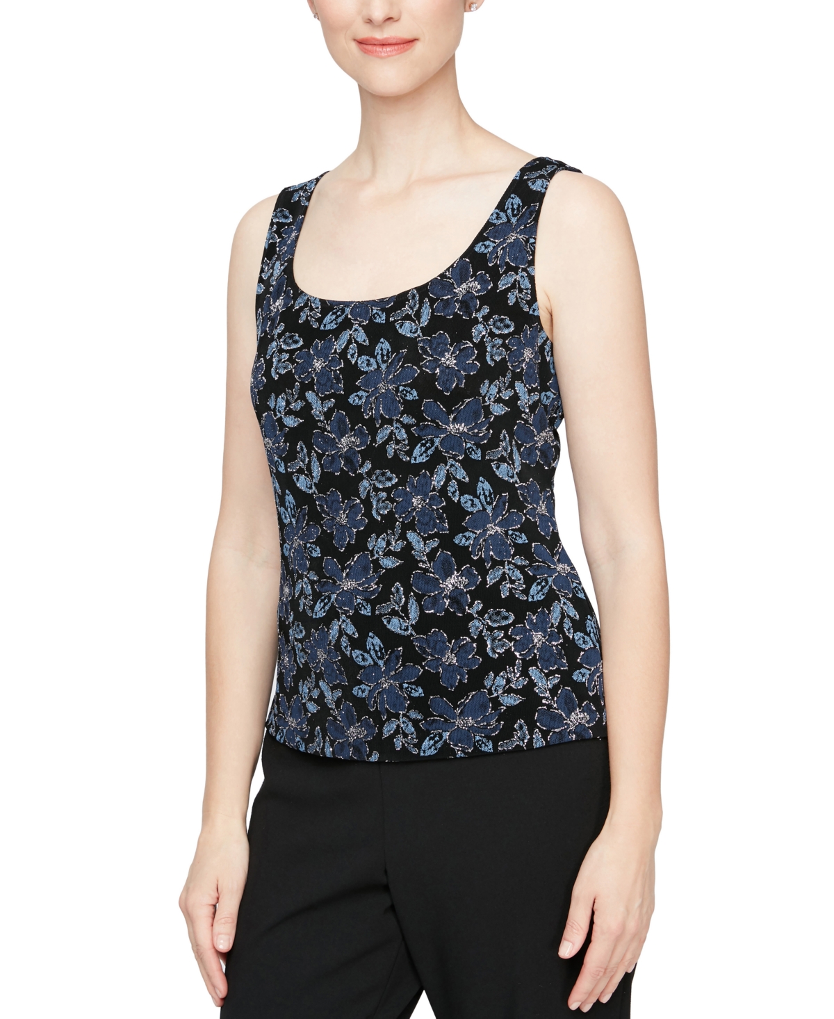 Alex Evenings Women's Glitter Knit Mandarin-Collar Jacket & Tank Top Twinset -Navy