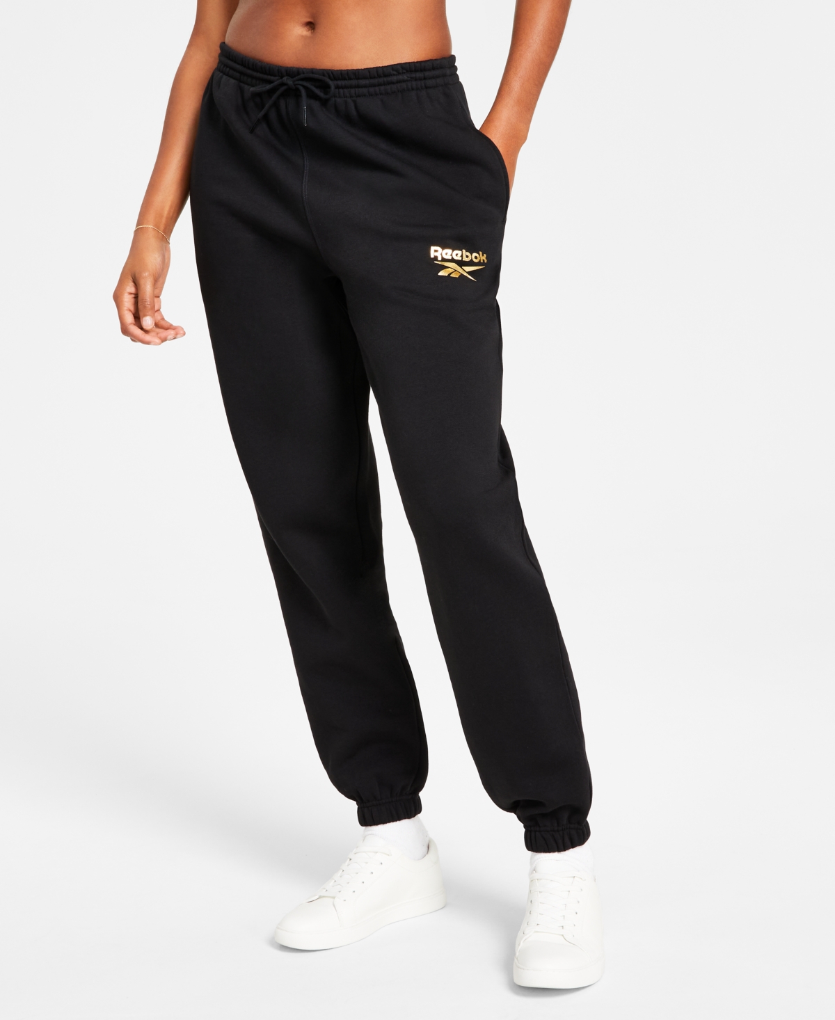 Reebok Women's Metallic Foil Logo Fleece Jogger Sweatpants, A Macy's Exclusive In Black