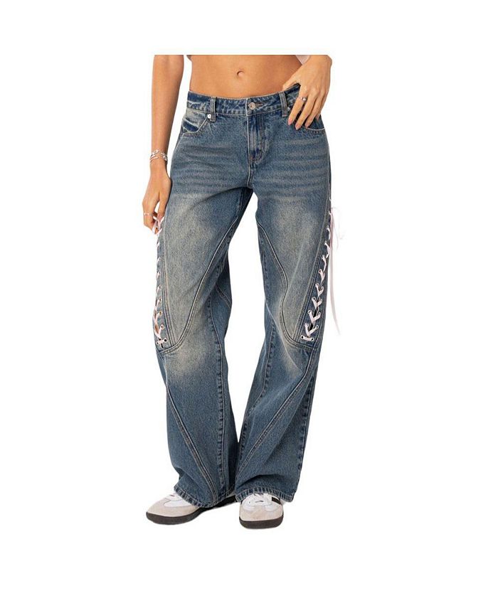 Edikted Women's Low Rise Ribbon Lace Up Jeans - Macy's