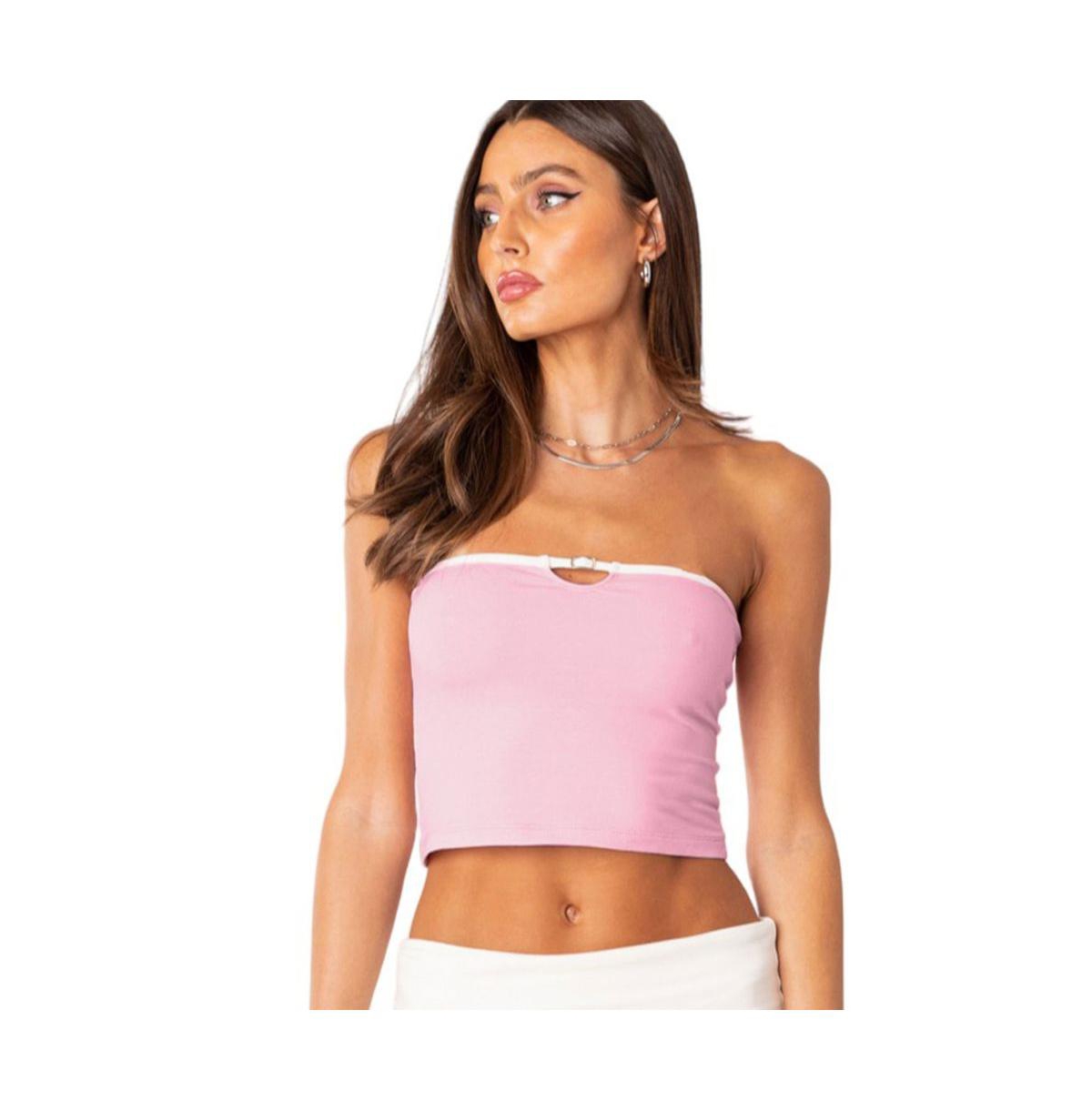 Women's Strapless Crop Top With Small Belt On Bust - Light pink