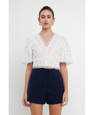 Women's Laced V-Neck Puff Sleeve Top