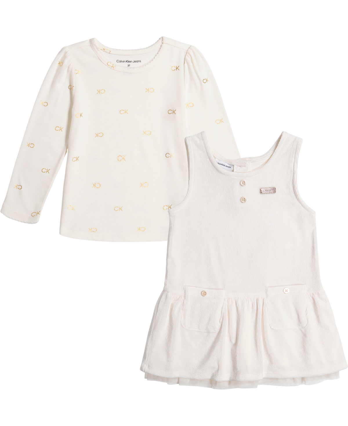 Calvin Klein Toddler Girls Logo Jersey T-shirt And Ribbed Velour Peplum Jumper, 2 Piece Set In Cream