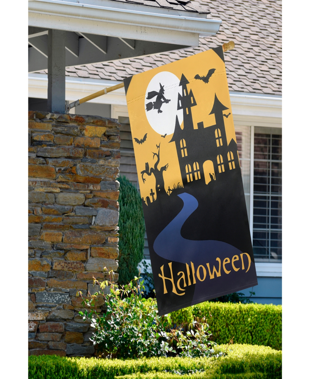 Spooky House Halloween Outdoor House Flag with Bats and Witch,