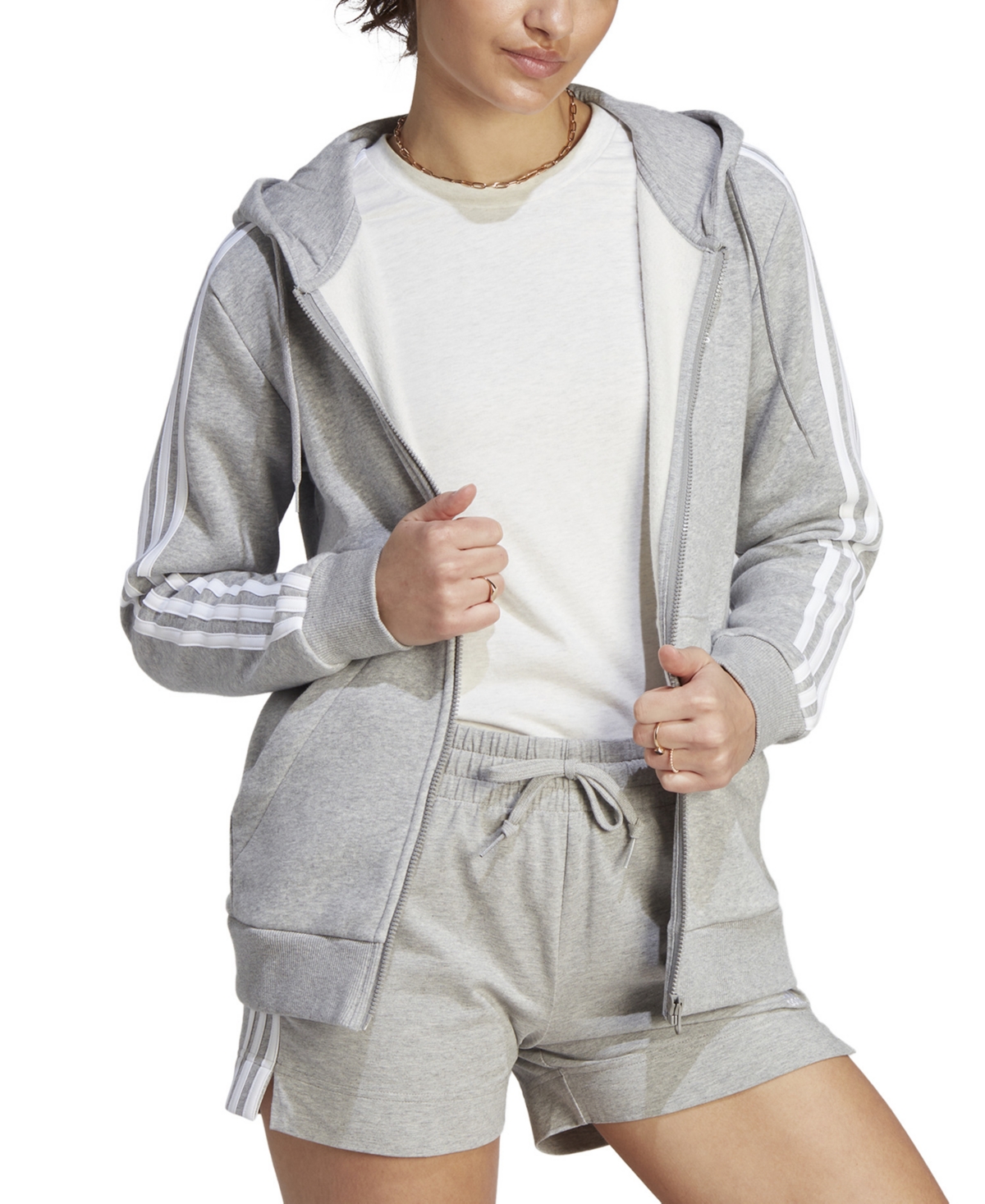 Shop Adidas Originals Women's 3-stripe Cotton Fleece Full-zip Hoodie Sweatshirt In Medium Grey Heather