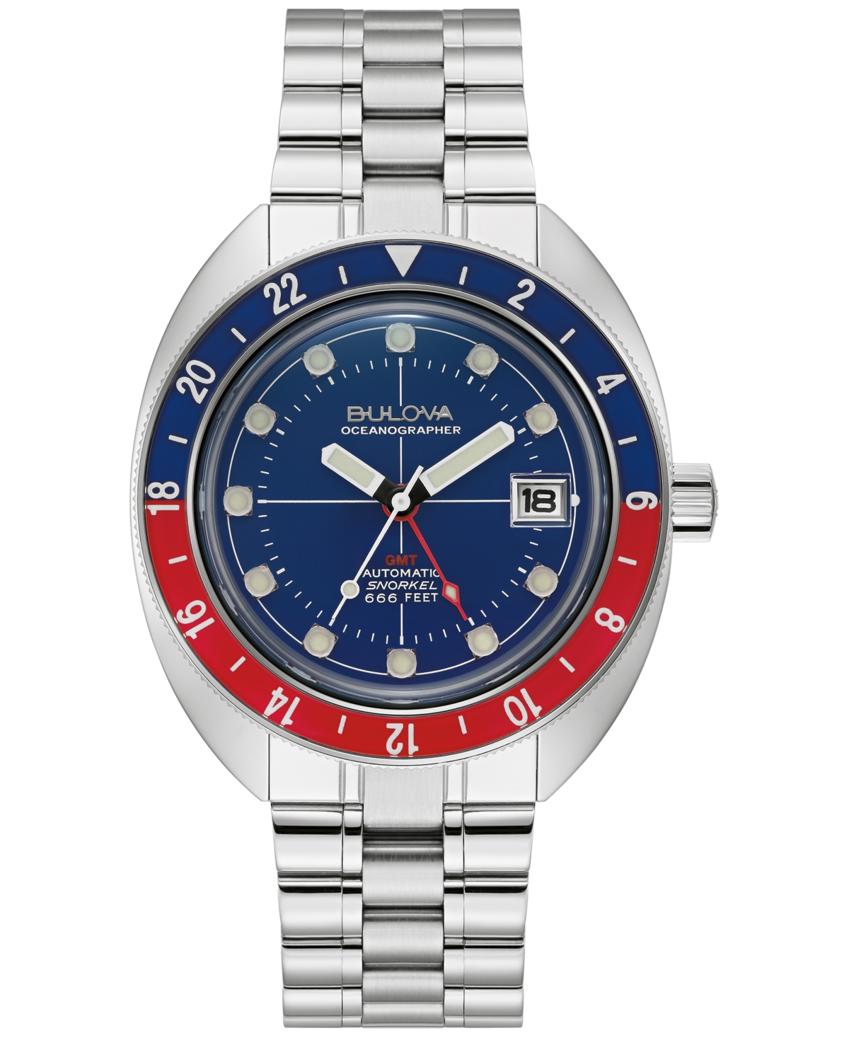 Bulova Men's Automatic Oceanographer Gmt Stainless Steel Bracelet Watch 41mm In Red) /  Two Tone  / Blue