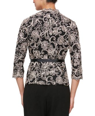 Petite Floral-Embroidered 3/4-Sleeve Lace Top