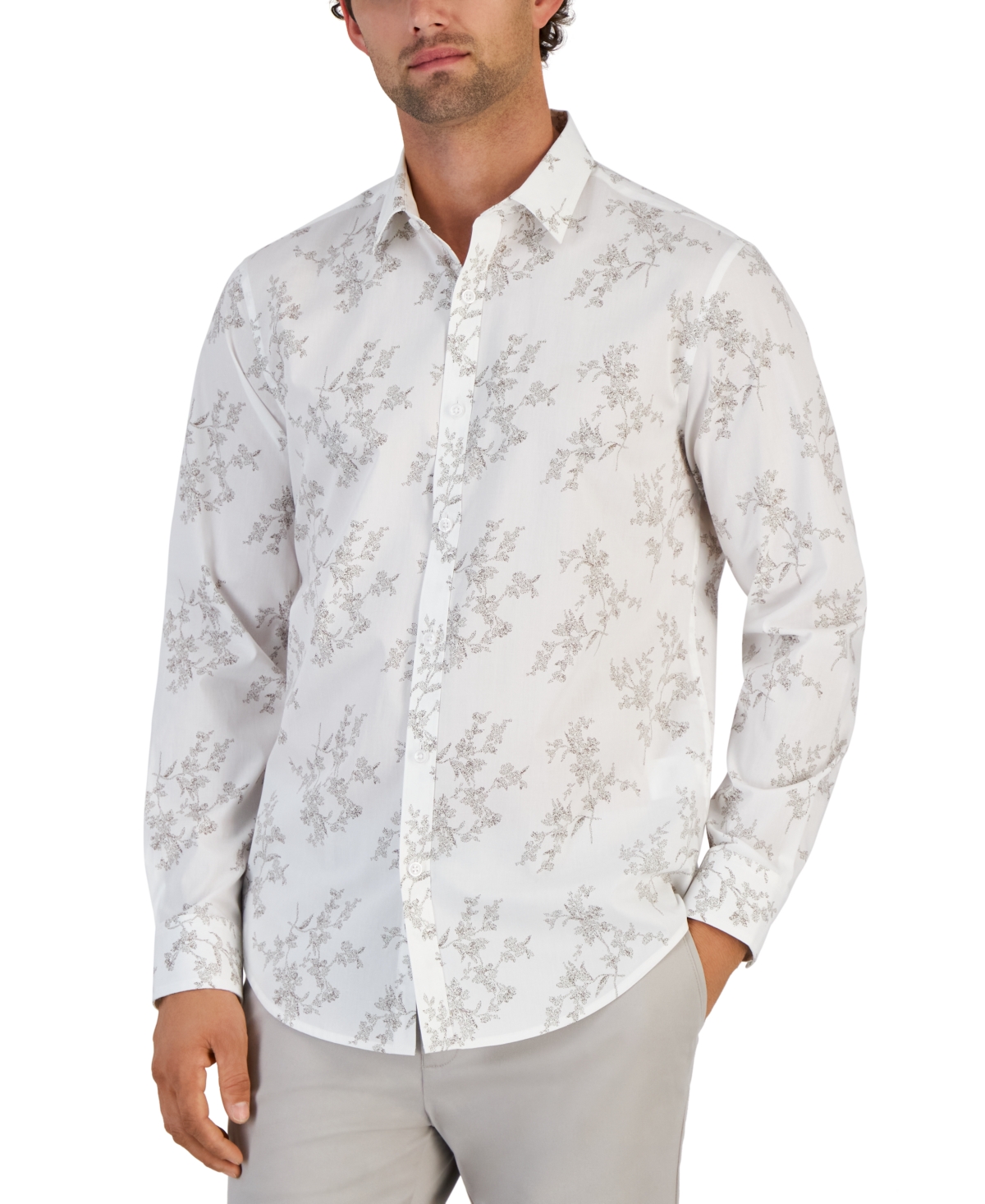 Alfani Men's Dotted Floral Print Long-sleeve Button-up Shirt, Created For Macy's In Bright White