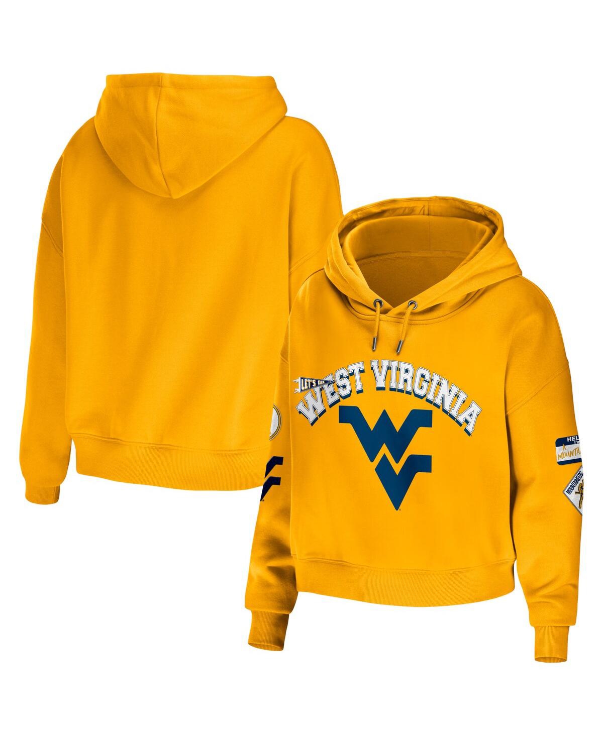 Shop Wear By Erin Andrews Women's  Gold West Virginia Mountaineers Mixed Media Cropped Pullover Hoodie