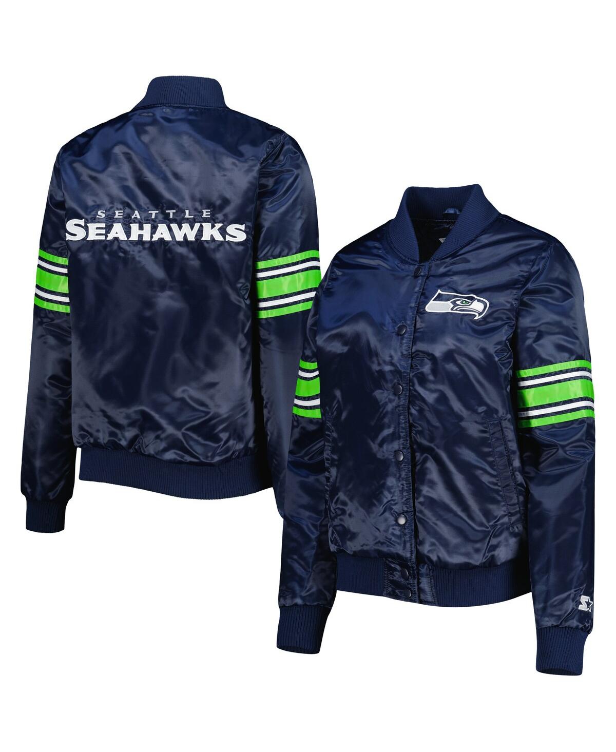Shop Starter Women's  College Navy Seattle Seahawks Line Up Satin Full-snap Varsity Jacket