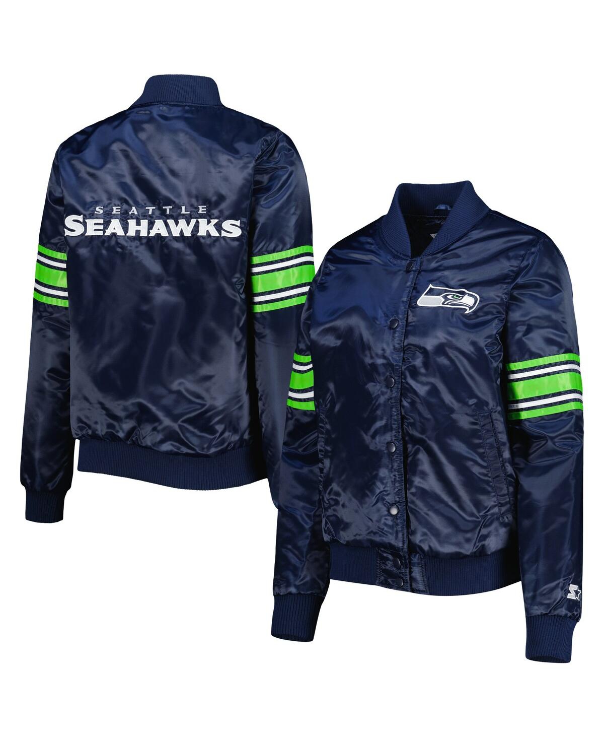 STARTER WOMEN'S STARTER COLLEGE NAVY SEATTLE SEAHAWKS LINE UP SATIN FULL-SNAP VARSITY JACKET 