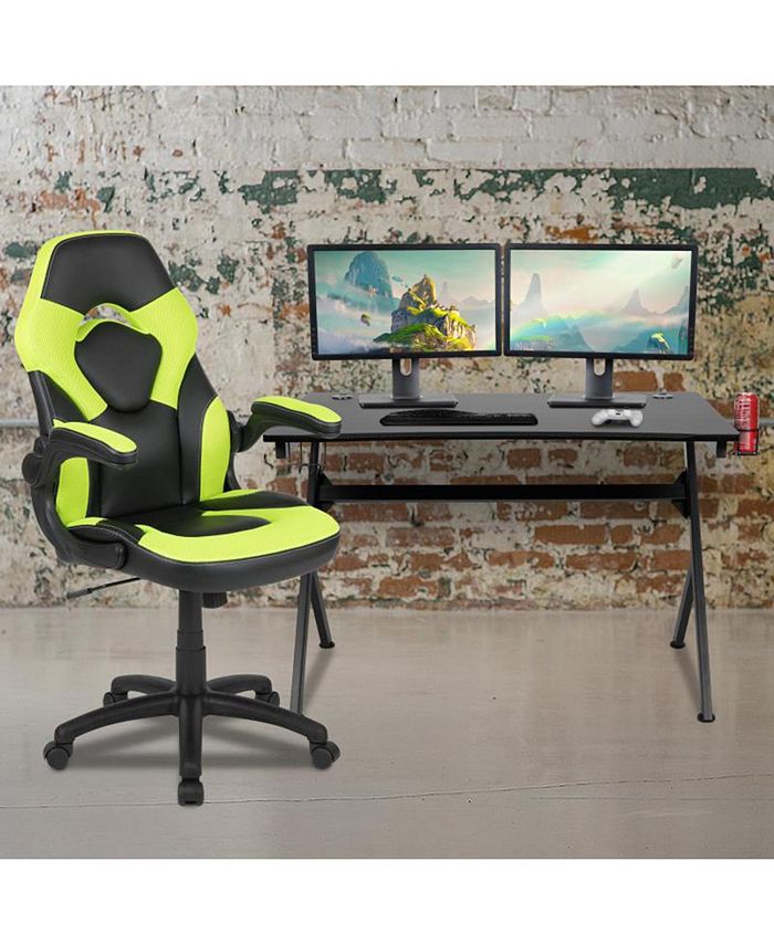 Offex Black Gaming Desk and Green/Black Racing Chair Set with Cup