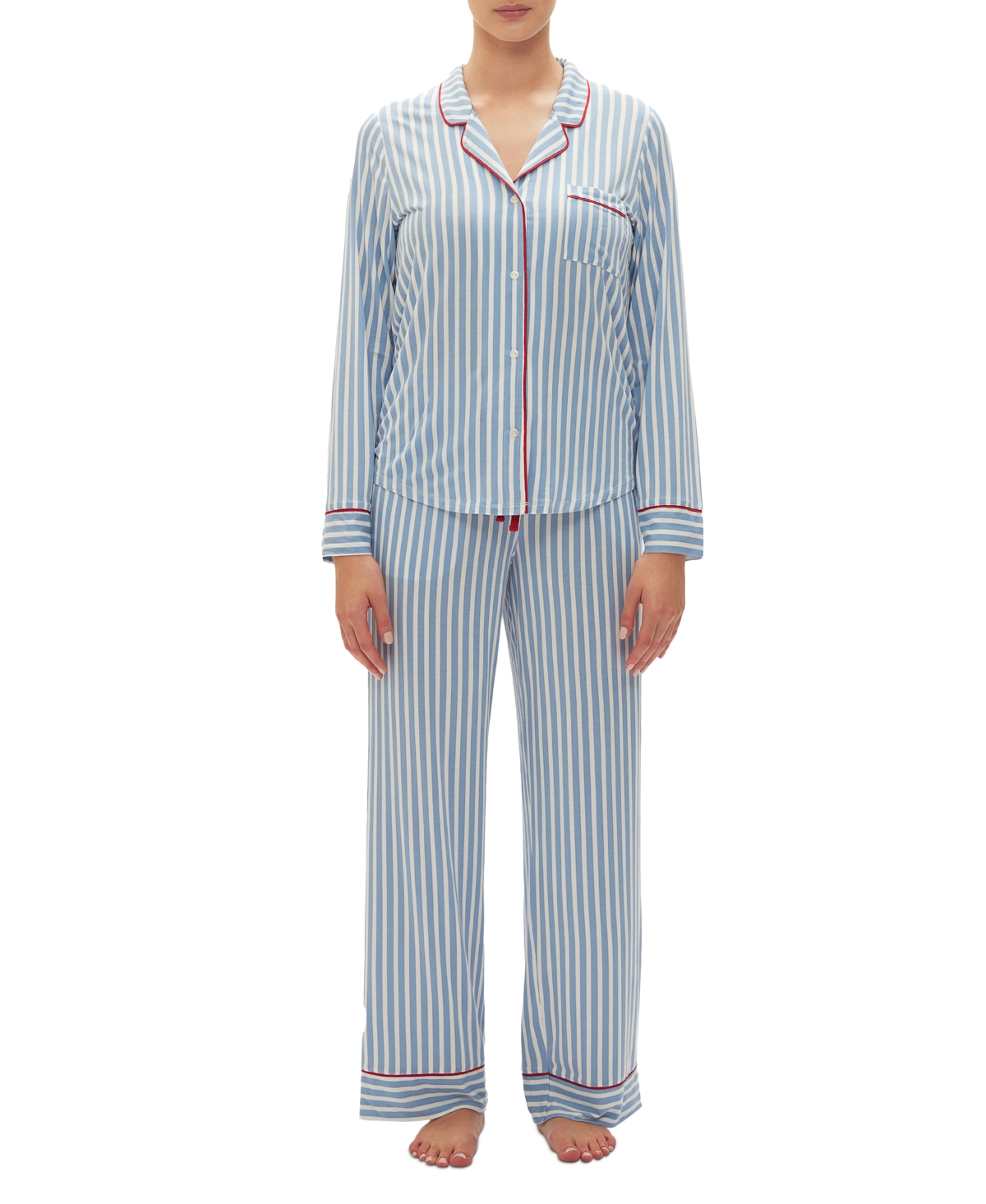GapBody Women's 2-Pc. Notched-Collar Long-Sleeve Pajamas Set - Blue And White Stripe