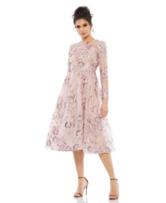 Mac Duggal Women's Embellished Illusion Long Sleeve Midi Dress - Macy's