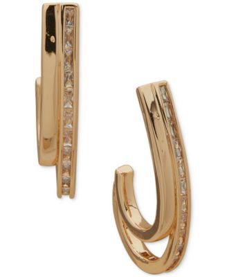 Anne Klein - Gold-Tone Crystal Two Row Medium C Hoop Earrings, 1"