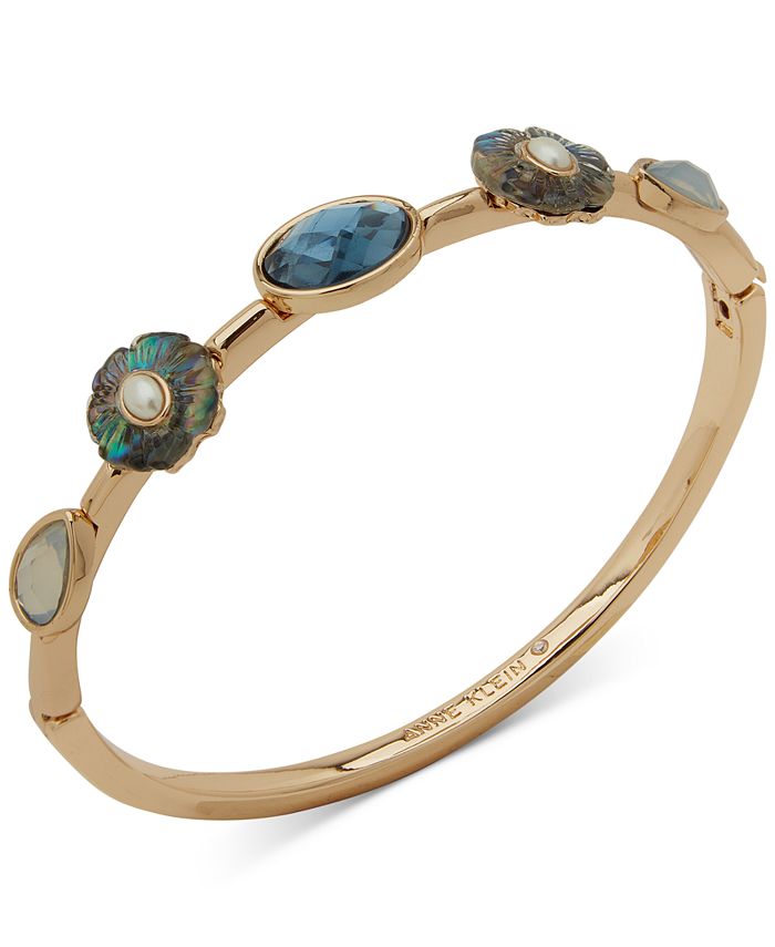 Anne Klein Gold-Tone Blue Flower Hinge Bangle Bracelet - Macy's