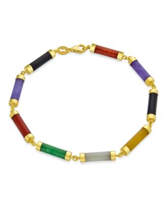 Asian Style Multi Color Yellow Red White Green Natural Jade Strand Tube Bar Link Bracelet Gold Plated Sterling Silver 7.5 Inch
