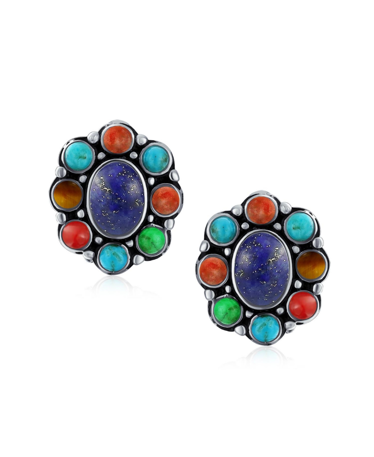 Bling Jewelry Southwestern Natural Lapis Blue Turquoise Multicolor Cabochon Oval s Western Concho Clip On Earrings For Women Non Pierced Ears St