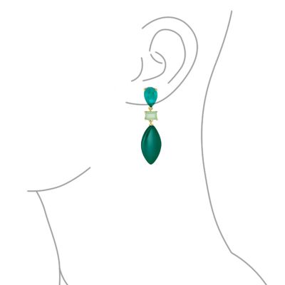 Unique Green Natural Amazonite Rhombus Teardrop Rectangle Multi Shape CZ 3 Multi-Tier Party Dangling Earrings in Gold Plated