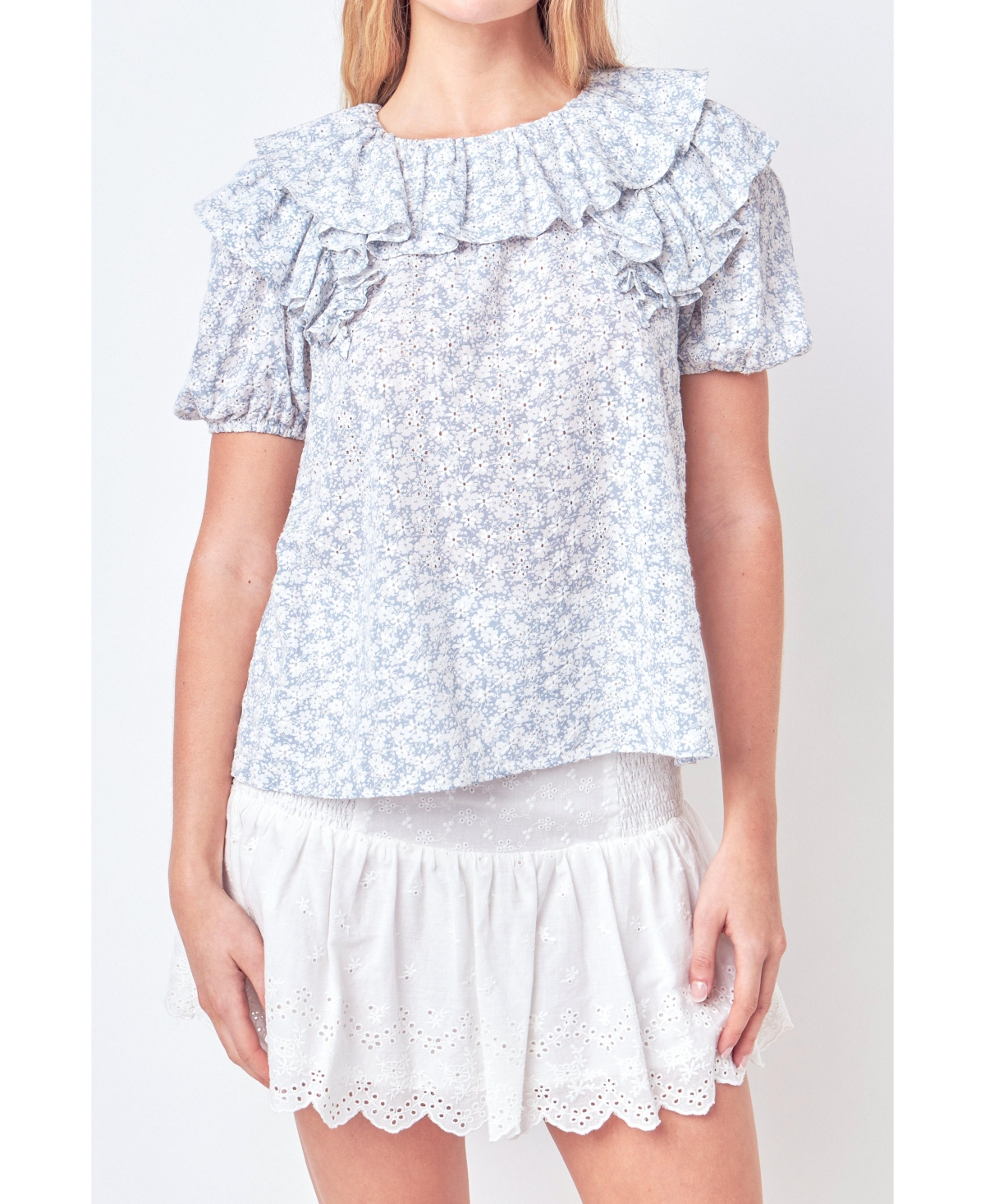 Women's Floral Print Ruffle Top with Puff Sleeves - Blue/white