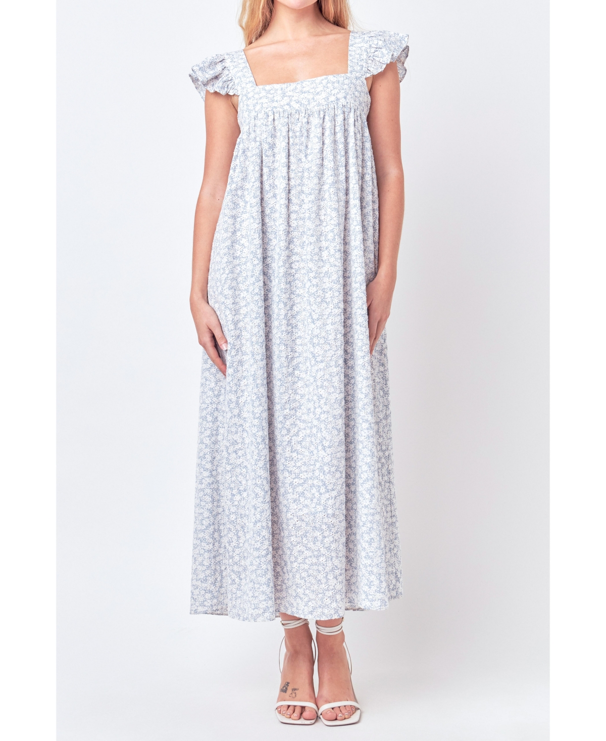 Women's Floral Print with Embroidery Maxi Dress - Blue/white