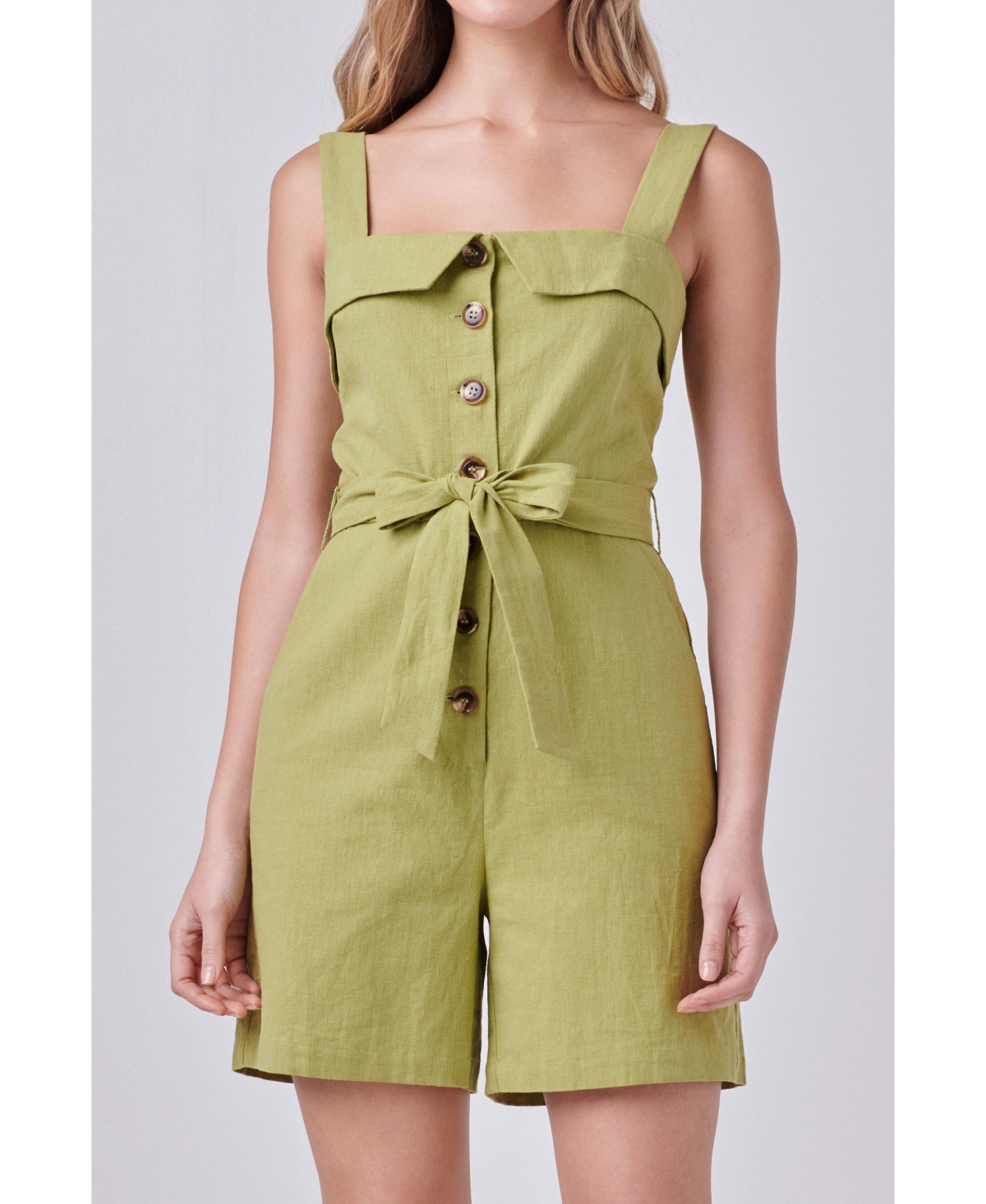 Women's Linen Romper with Self Tie and Buttons - Green