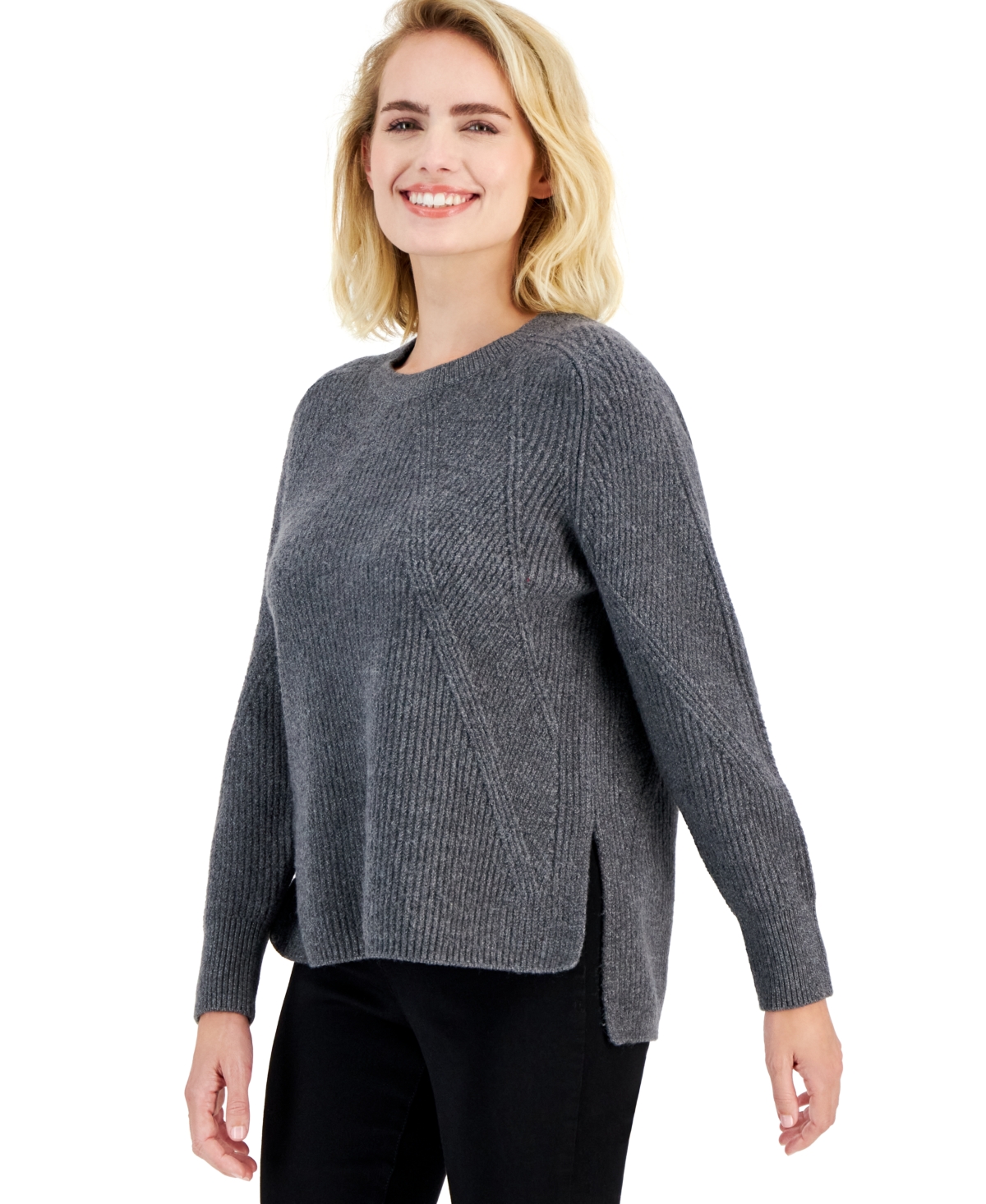 Inc International Concepts Petite Ribbed Step-hem Sweater, Created For Macy's In Medium Grey Heather