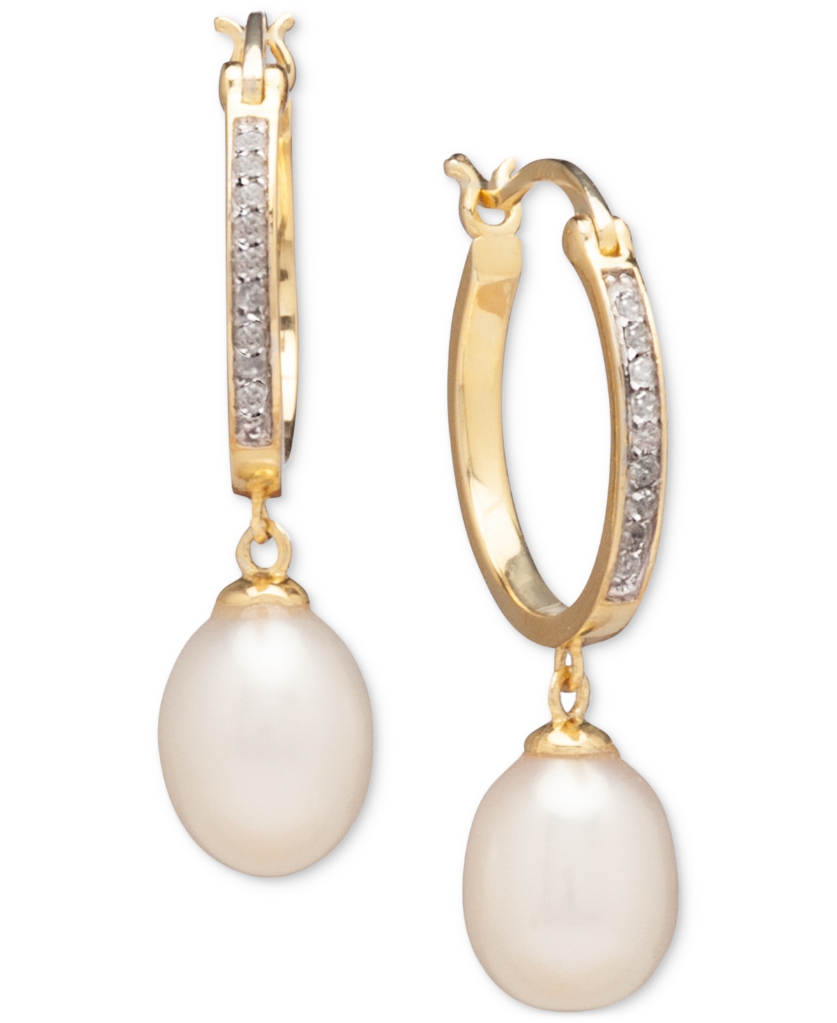 Macy's Cultured Freshwater Pearl (7 X 9mm) & Diamond (1/10 Ct. T.w.) Hoop Drop Earrings In Sterling Silver In Gold