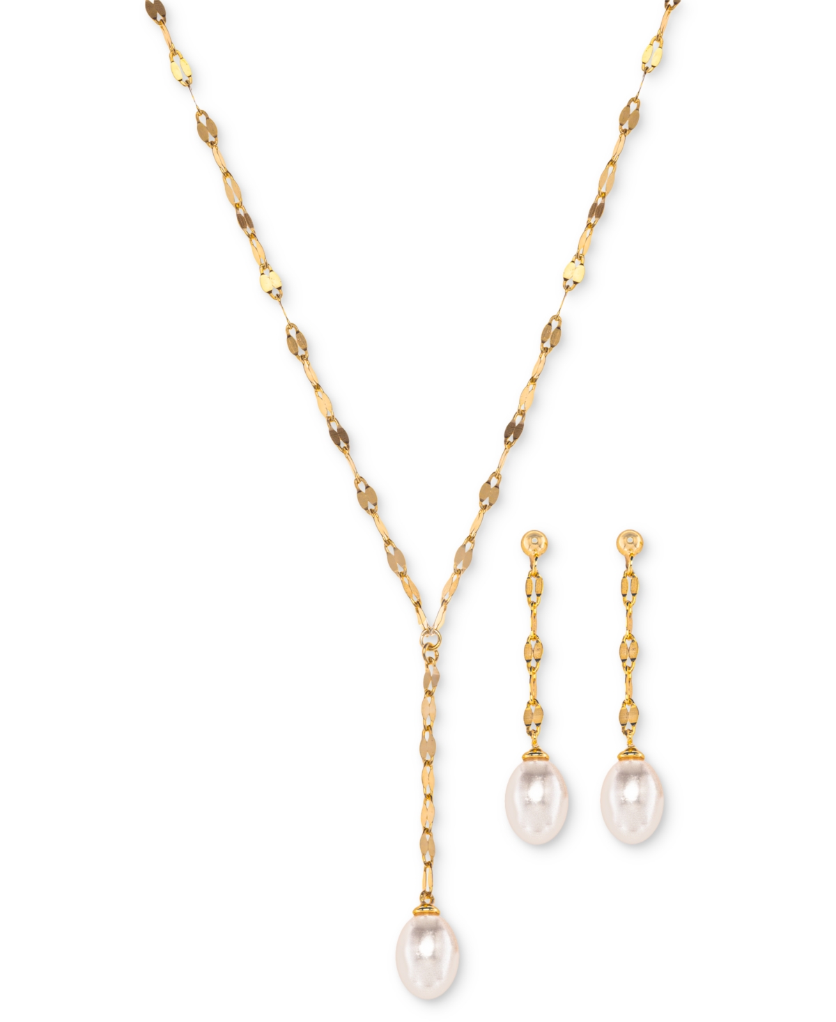 Macy's 2-pc. Set Cultured Freshwater Pearl (7 X 9mm) Lariat Necklace & Drop Earrings In Sterling Silver In Gold