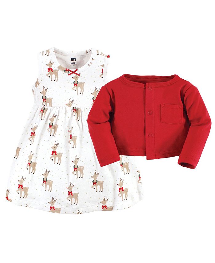 Hudson Baby Baby Girls Cotton Dress and Cardigan Set, Fancy Rudolph