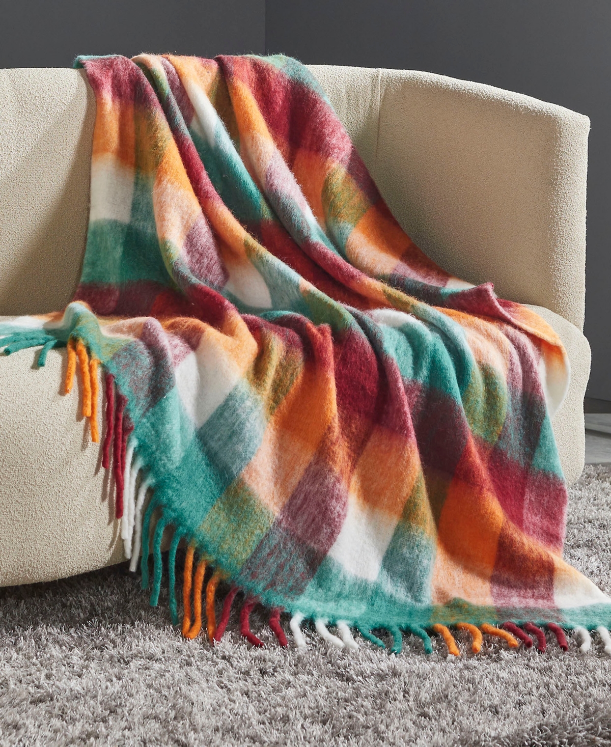 Fireside Merry Bright Plaid Faux Mohair Fringe Throw, 50" X 60" In Orange