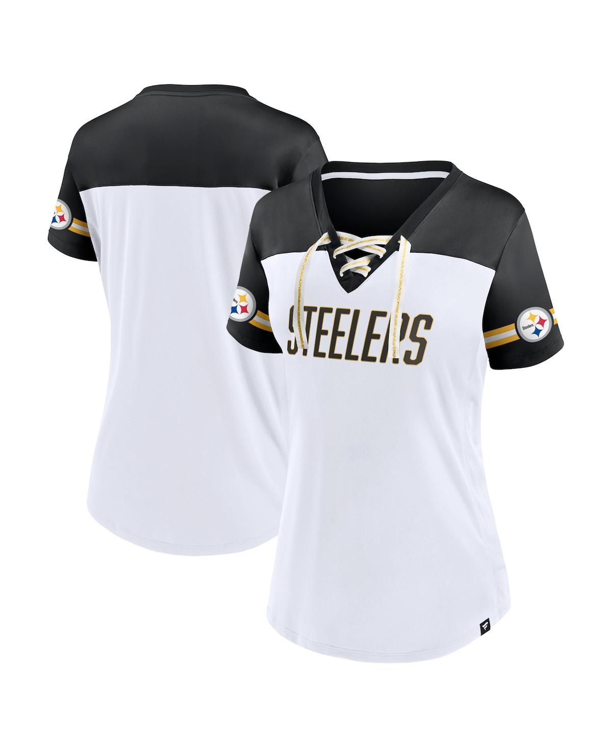 Fanatics Women's  White Pittsburgh Steelers Dueling Slant V-neck Lace-up T-shirt