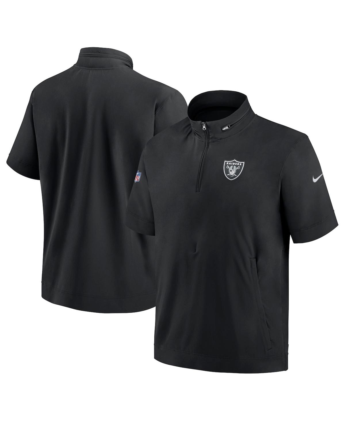 Shop Nike Men's  Black Las Vegas Raiders Sideline Coach Short Sleeve Hoodie Quarter-zip Jacket