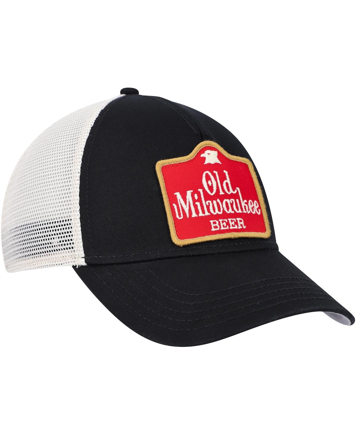 AMERICAN NEEDLE MEN'S AMERICAN NEEDLE BLACK, CREAM OLD MILWAUKEE VALIN TRUCKER SNAPBACK HAT 