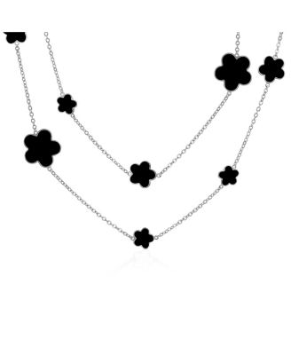 Fashion Long Double Wrap Strand Black Enamel Flower Clover Necklace Silver Plated 42 Inch
