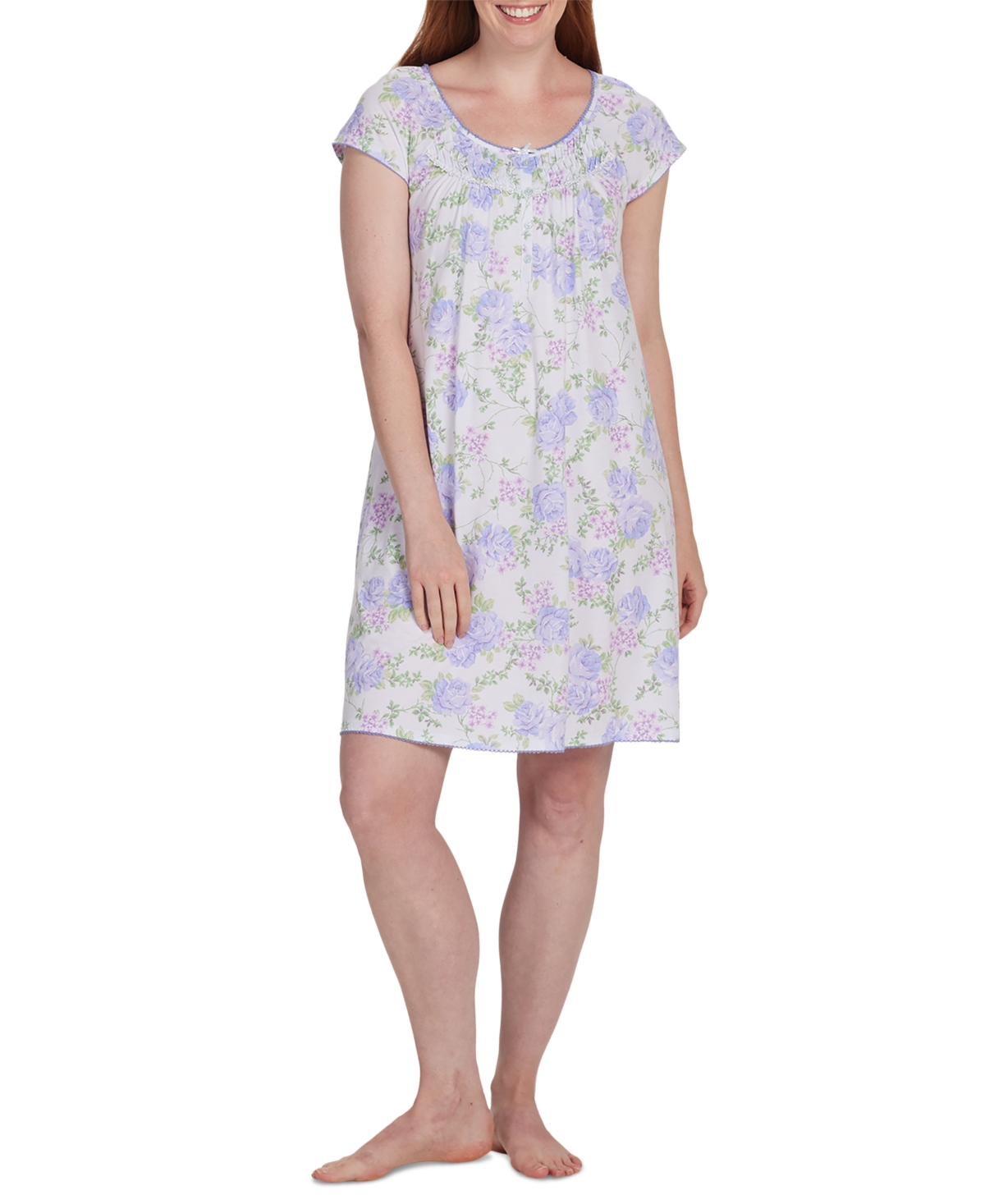 Women's Printed Short-Sleeve Nightgown - Periwinkle Roses On Lt Blu