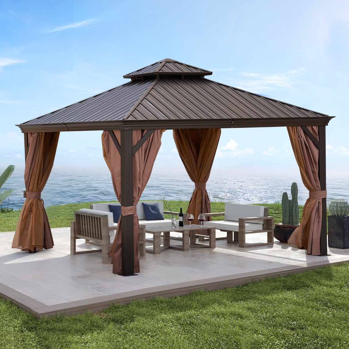 Streamdale Furniture 12x12FT Patic Gazebo, Alu Gazebo With Steel Canopy, Outdoor Permanent Hardtop Gazebo Canopy