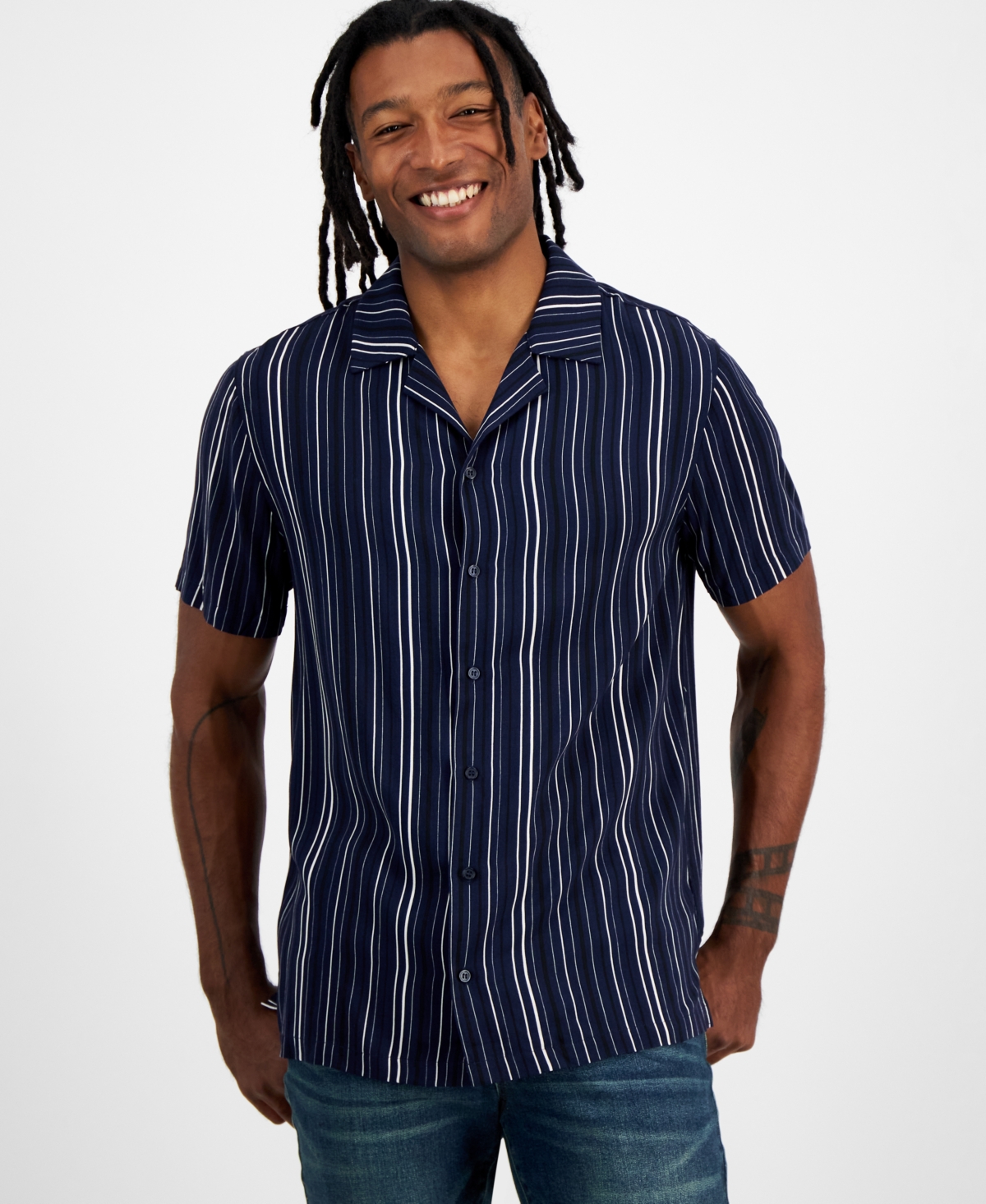 And Now This Men's Resort Camp Collar Short-sleeve Shirt, Created For Macy's In Blueberry Stripe