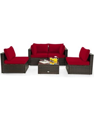 5PCS Patio Rattan Furniture Set Cushioned Sofa Chair Coffee Table