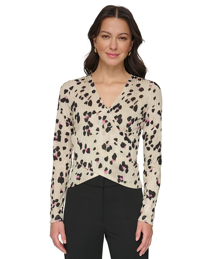DKNY Women's Printed Ribbed SurpliceNeck Top Macy's