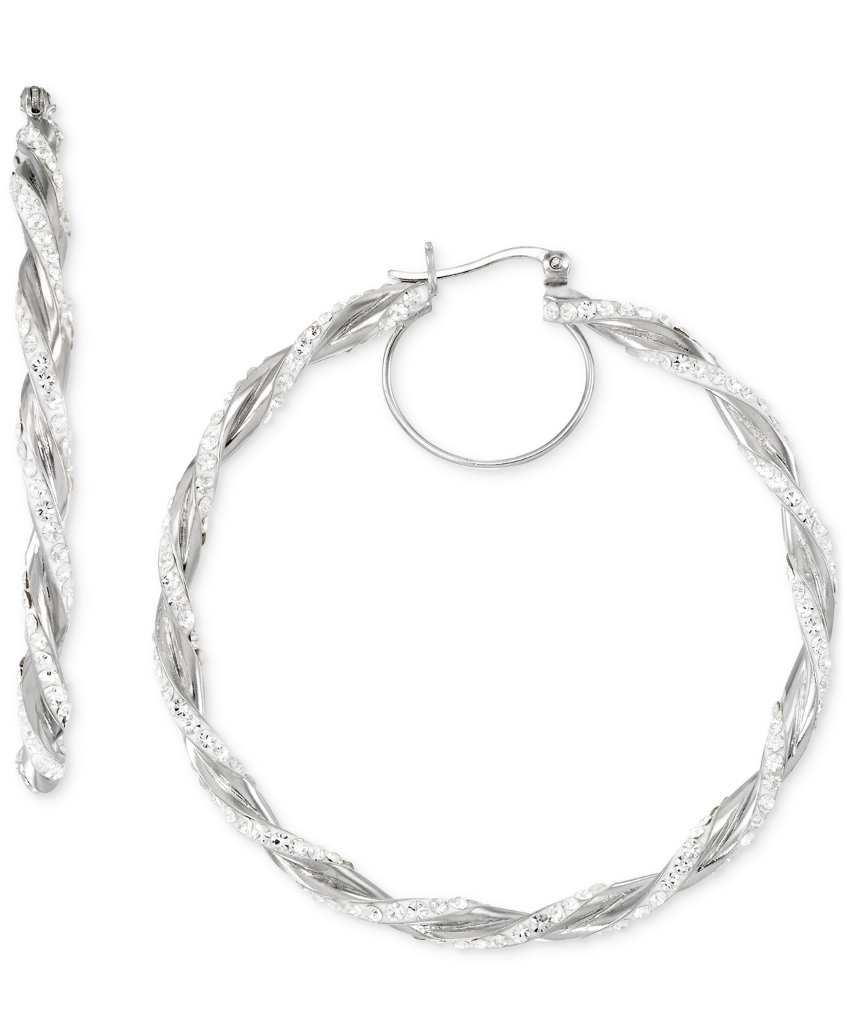 Macy's Crystal Pave Twist Style Medium Hoop Earrings, 2" In Silver