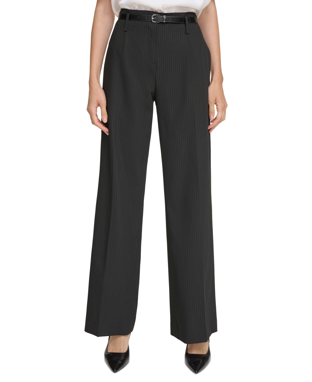 Calvin Klein Petite Pinstripe Belted Wide-leg Pants In Black,cream