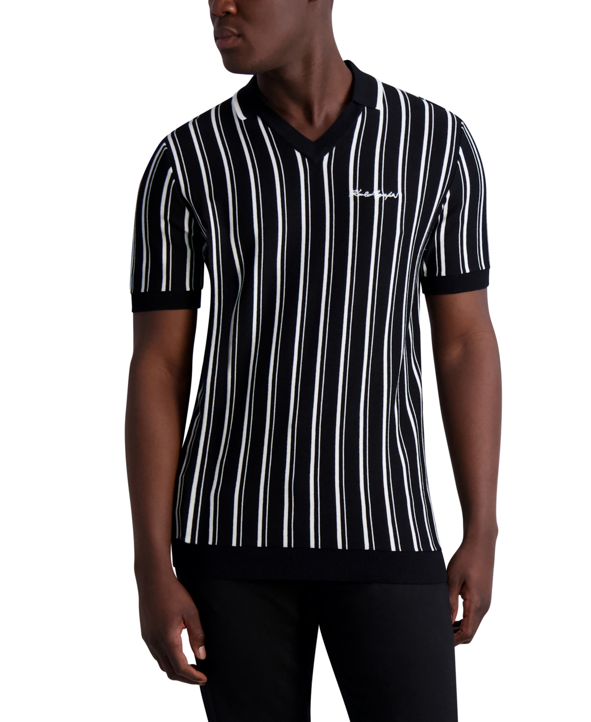 Karl Lagerfeld Men's V-neck Striped Sweater Polo Shirt with Logo - Black, White